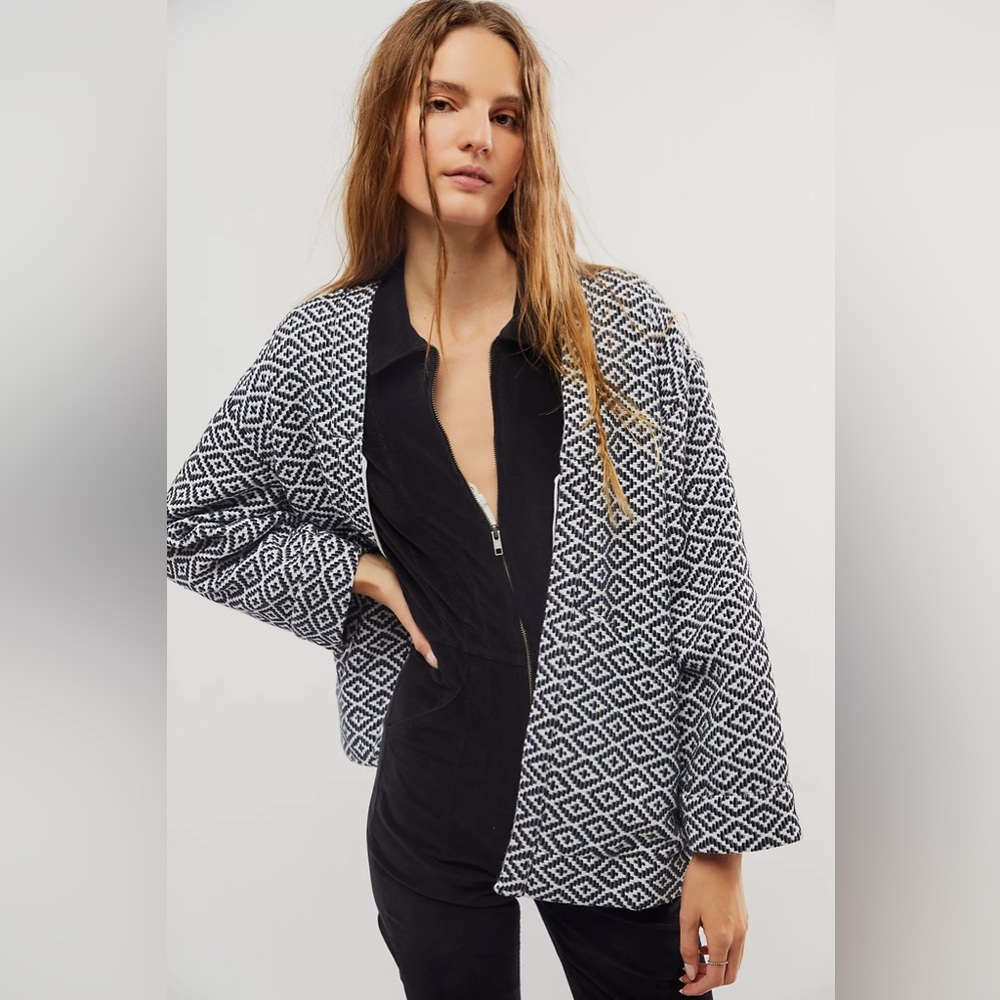 Free People Lulu Jacquard Jacket Geometric Front Tie Drop Shoulders Size medium